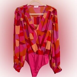 Pink Lily Pink and Orange Geo Print Bodysuit Blouse One Piece Size L